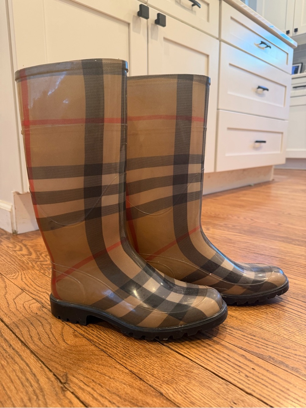 Burberry Tan and Black Plaid Glossy Rain Boots - Picture 1 of 2